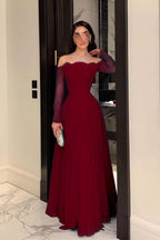 Cocoslly Strapless Long Sleeves High Waist Long Prom Dress With Pleated | Ink Blue Lace YC0488