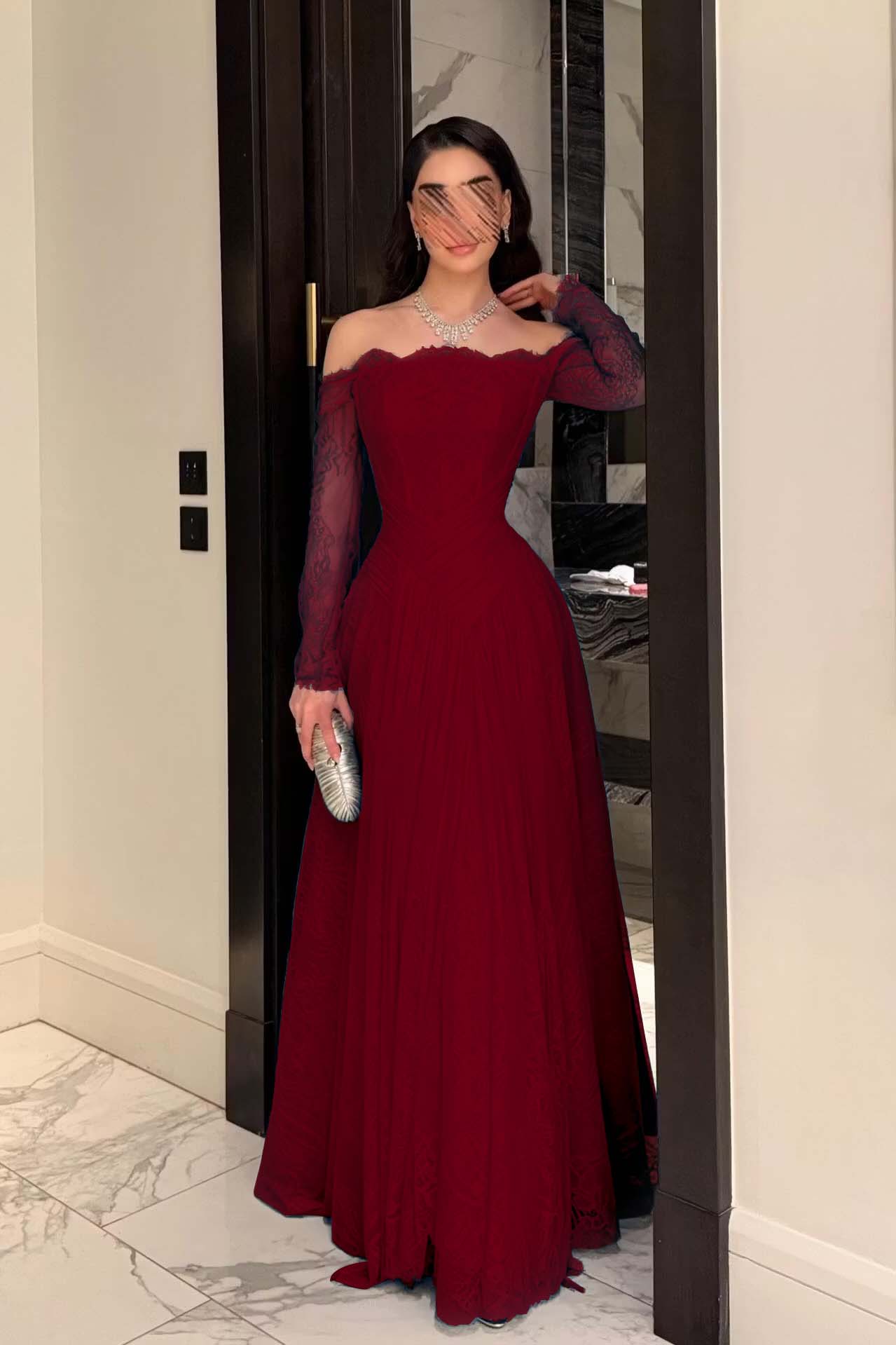 Cocoslly Strapless Long Sleeves High Waist Long Prom Dress With Pleated | Ink Blue Lace YC0488