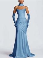 Strapless Sleeveless Long Pleated Mermaid Prom Dress With Ruffles And Gloves YK0718