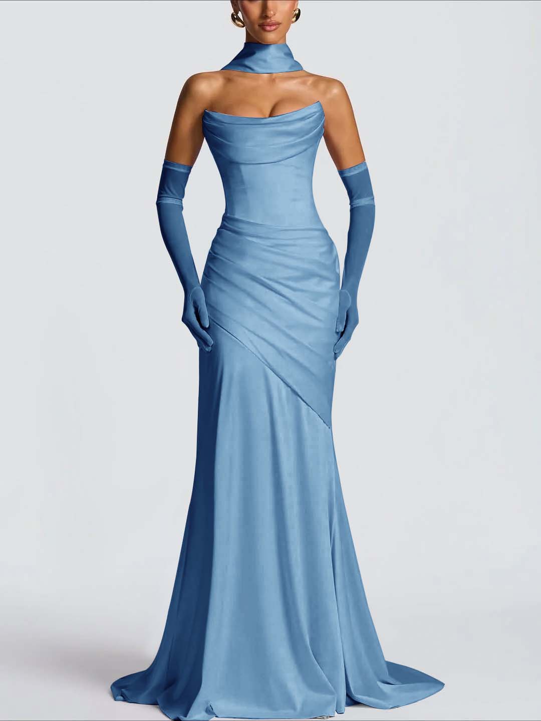 Strapless Sleeveless Long Pleated Mermaid Prom Dress With Ruffles And Gloves YK0718