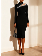 Black Rhinestone Cut Out Knit Mock Neck Long Sleeve Sheath Midi Dress
