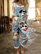 Women's Cute Dog Art Print Flowy Linen Blend Casual Jumpsuit