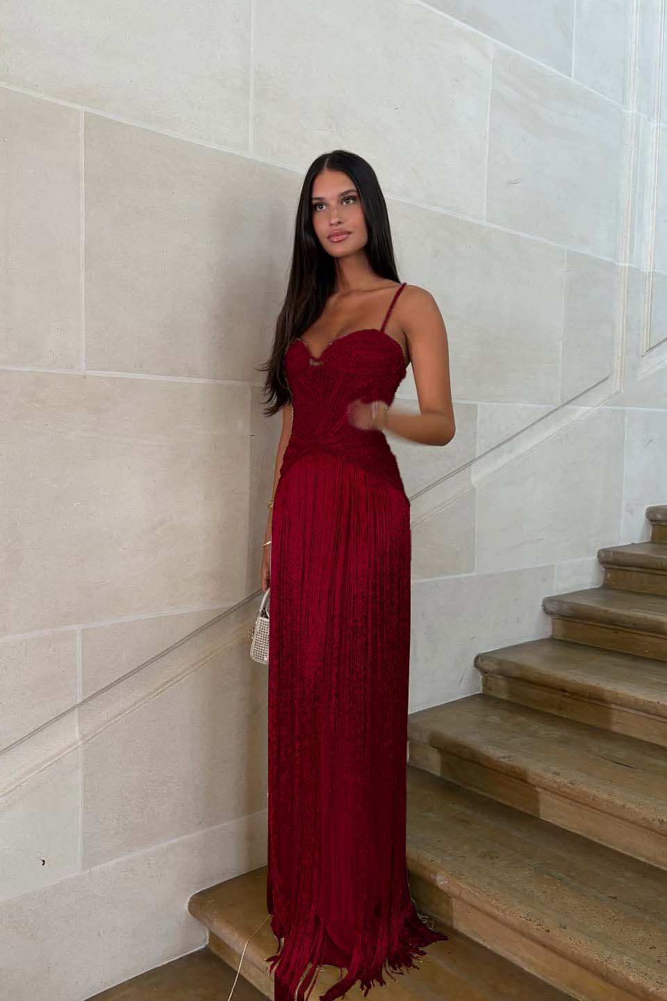 Cocoslly Spaghetti Straps Sleeveless Long Prom Dress With Beadings Tassel | Gold Beaded-Embroidered ZA0298
