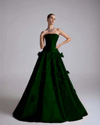 Satin Strapless Sleeveless Long A-Line Prom Dress With Flower Appliqués And Beadings YK0682