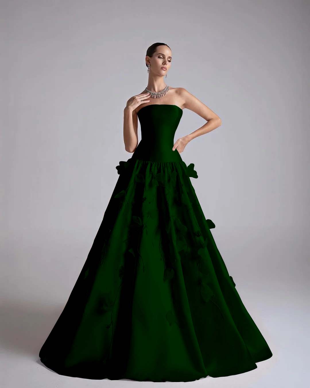 Satin Strapless Sleeveless Long A-Line Prom Dress With Flower Appliqués And Beadings YK0682