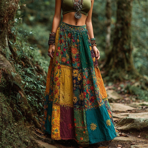 Bohemian Hippie Patchwork Cottage Core Flowy Linen Skirt