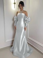 Burgundy Satin Strapless Bubble Sleeves Long Mermaid Prom Dress With Pleated YK0710