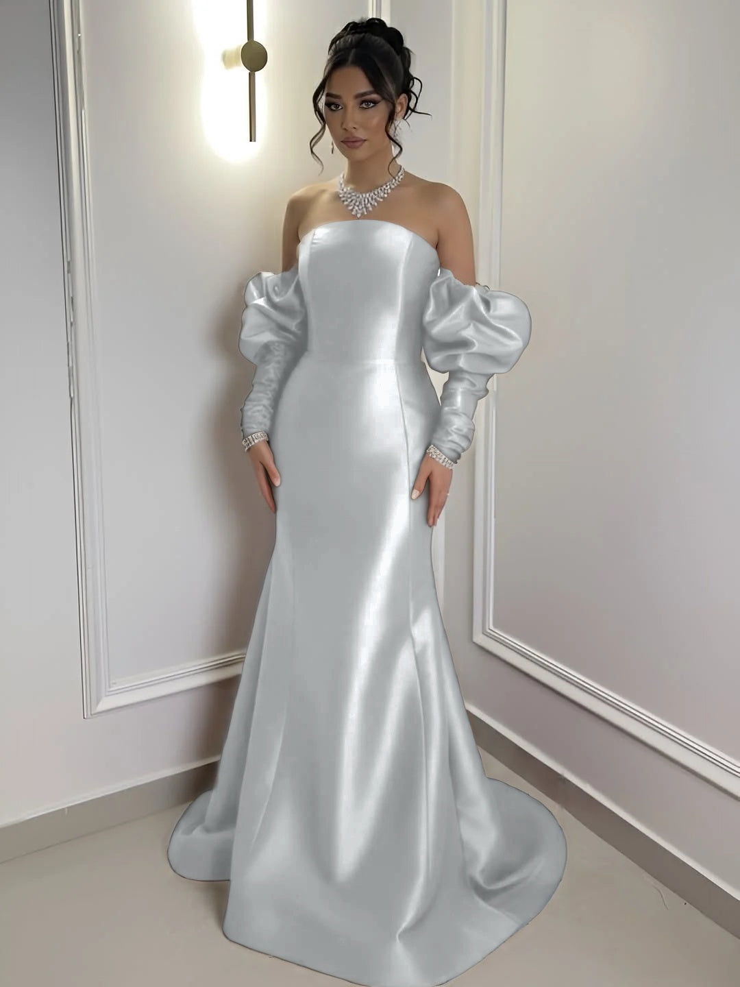 Burgundy Satin Strapless Bubble Sleeves Long Mermaid Prom Dress With Pleated YK0710