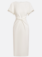 White Faux Pearl Knot Front Classic Boat Neck Short Sleeve Sheath Midi Dress