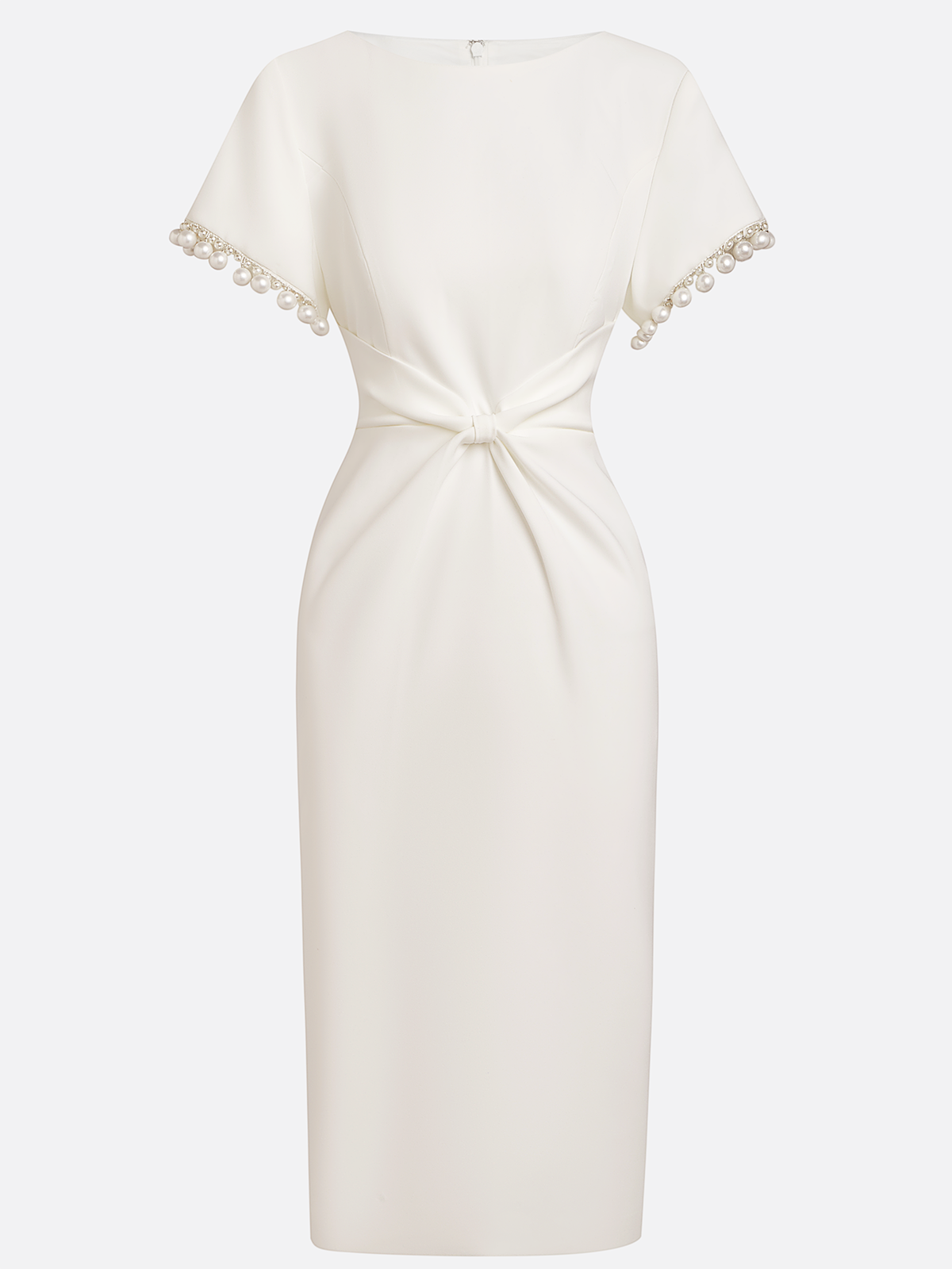 White Faux Pearl Knot Front Classic Boat Neck Short Sleeve Sheath Midi Dress
