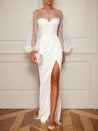 White Faux Pearl Side-Slit Classic Crew Neck Long Sleeve Puff Sleeve Sheath Bridal Gown Dress