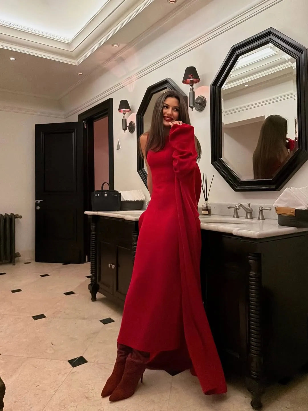 Cocoslly Wide Straps Sleeveless Long Mermaid Prom Dress | Red Satin CO0081
