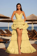 Cocoslly Strapless Sleeveless High Waist Long A Line Prom Dress With Ruffles | Champage Glod Satin YC0487
