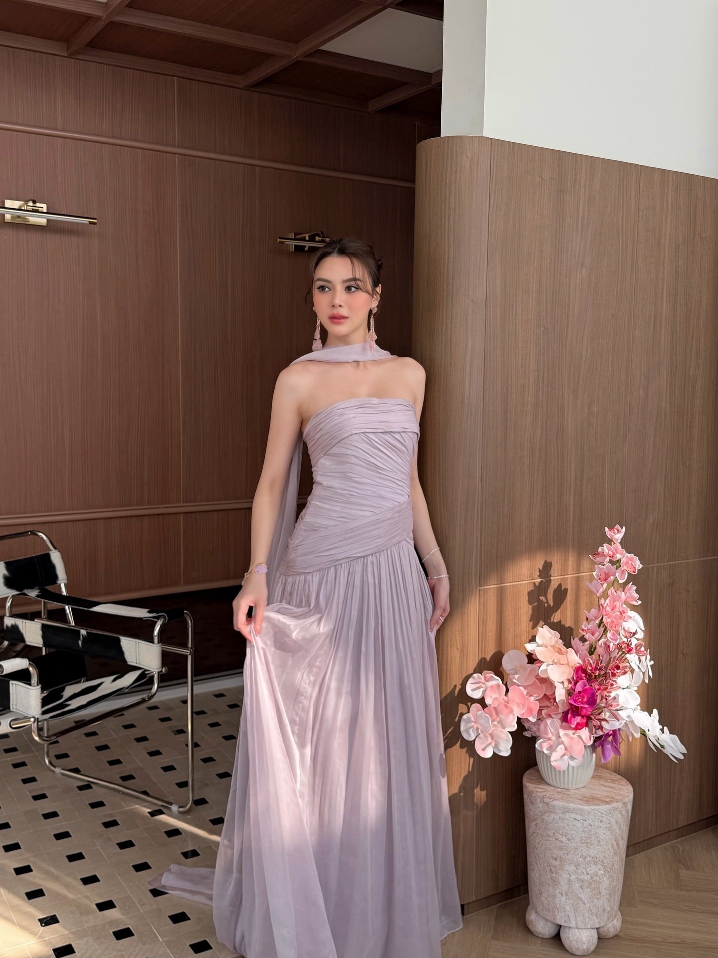 Cocoslly Strapless Sleeveless High Waist Long Prom Dress With Scarf | Lilac Chiffon CO0104