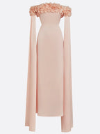 Pink 3D Floral Ruched Classic Off The Shoulder With Removable Cape Short Sleeve Mermaid Gown Dress