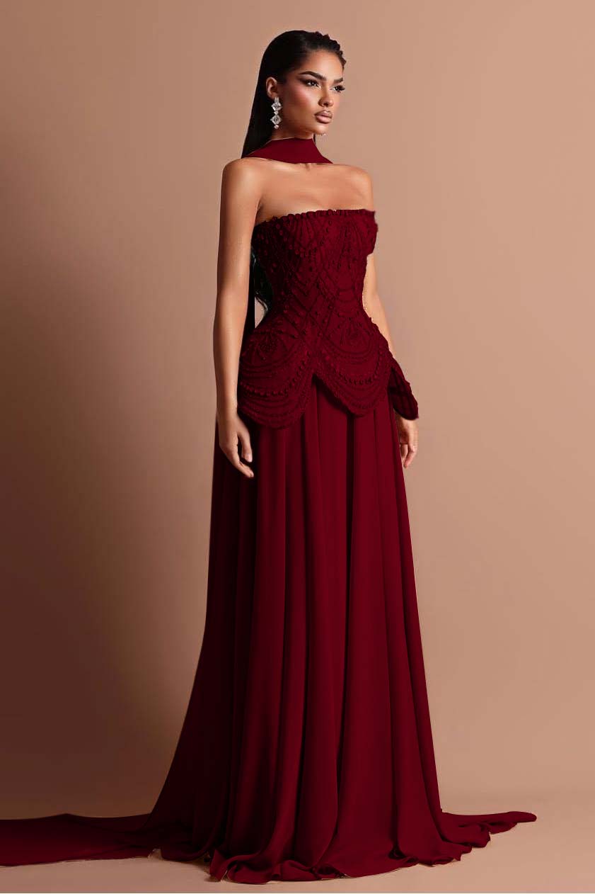 Strapless Sleeveless Long Prom Dress With Beading Pleated Wrap WQ0084