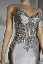 Cocoslly Spaghetti Straps Sleeveless Pleated Mermaid Long Prom Dress With Beaded Appliques | Silver Satin XJ0015