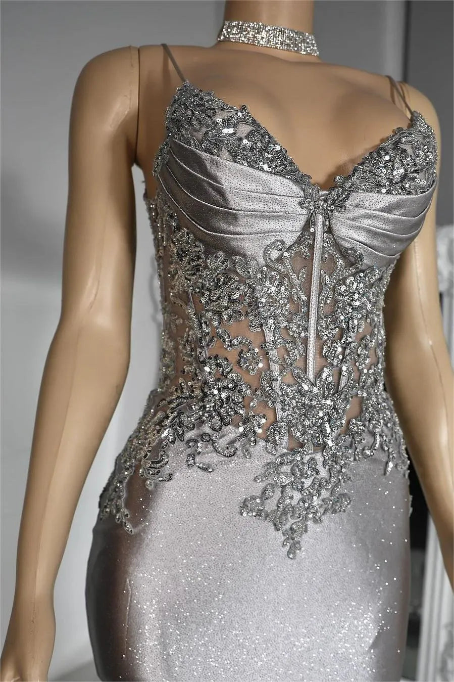 Cocoslly Spaghetti Straps Sleeveless Pleated Mermaid Long Prom Dress With Beaded Appliques | Silver Satin XJ0015