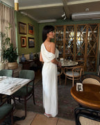 Cocoslly One Shoulder Sleeveless High Waist Long Mermaid Prom Dress | White Satin CO0164