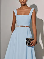 Light Blue Lace Classic Square Neck Sleeveless A-Line Maxi Dress