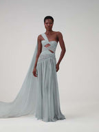 Cocoslly One Shoudler Sleeveless High Waist Long Prom Dress With Rhinstone | Ice White Chiffon YK1281