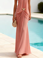 Rose Pink Metal Ruched Classic Halter Sleeveless Bodycon Floor-length Gown Dress