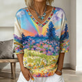 Women's Vintage Floral In Gradient Art Print Flowy Linen Blend  Three-quarter Sleeve V Neck Linen Tops