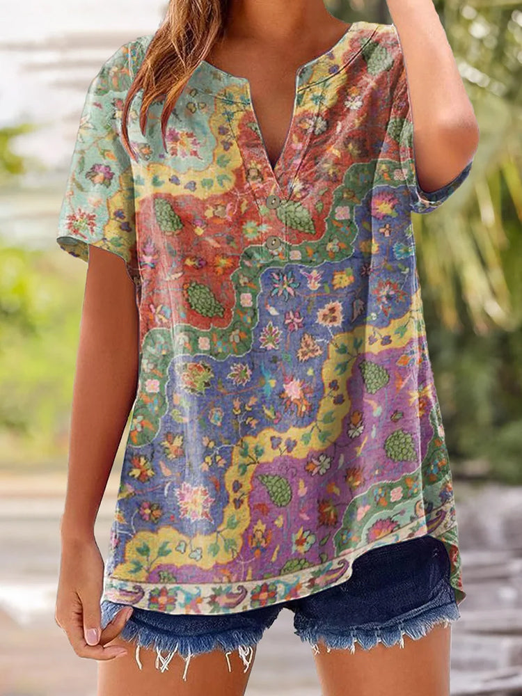 Vintage Ethnic Wave Patchwork Art Pattern Linen Blend Loose Short Sleeve Tops