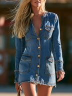 Western Retro Blue Long-Sleeved Multi-Pocket Denim Mini Dress