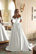 Satin V-Neck Off-The-Shoulder Short Sleeves Long A-Line Prom Dress With Embroidered And Pleated WQ0422