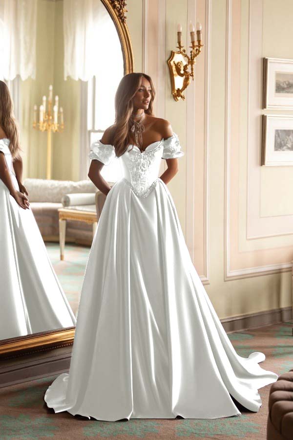 Satin V-Neck Off-The-Shoulder Short Sleeves Long A-Line Prom Dress With Embroidered And Pleated WQ0422