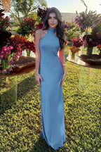 Cocoslly High Neck Sleeveless High Waist Long Mermaid Prom Dress | Fuchsia Satin XJ0757