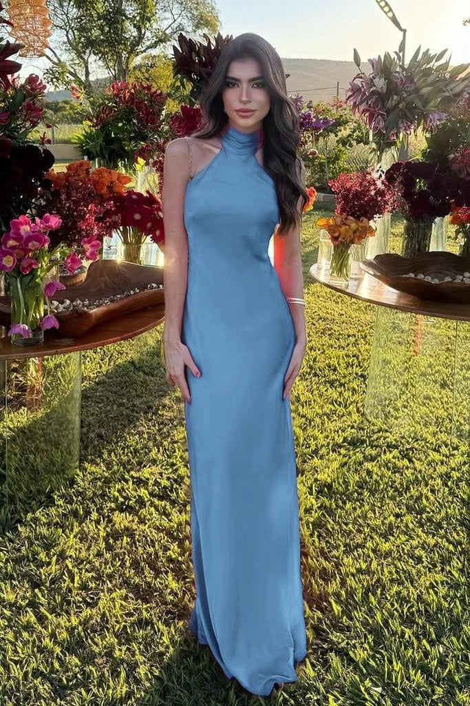 Cocoslly High Neck Sleeveless High Waist Long Mermaid Prom Dress | Fuchsia Satin XJ0757