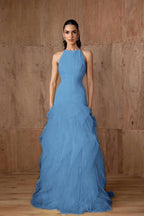 Cocoslly Halter Sleeveless High Waist Long Prom Dress With Ruffles | Daffodil Tulle YC0478