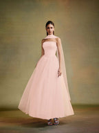 Tulle Strapless Sleeveless Long A-Line Prom Dress With Pleated And Ruffles YK0659