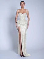 V-Neck Spaghetti Straps Sleeveless Long Mermaid Prom Dress With Split And Sequins YK0713