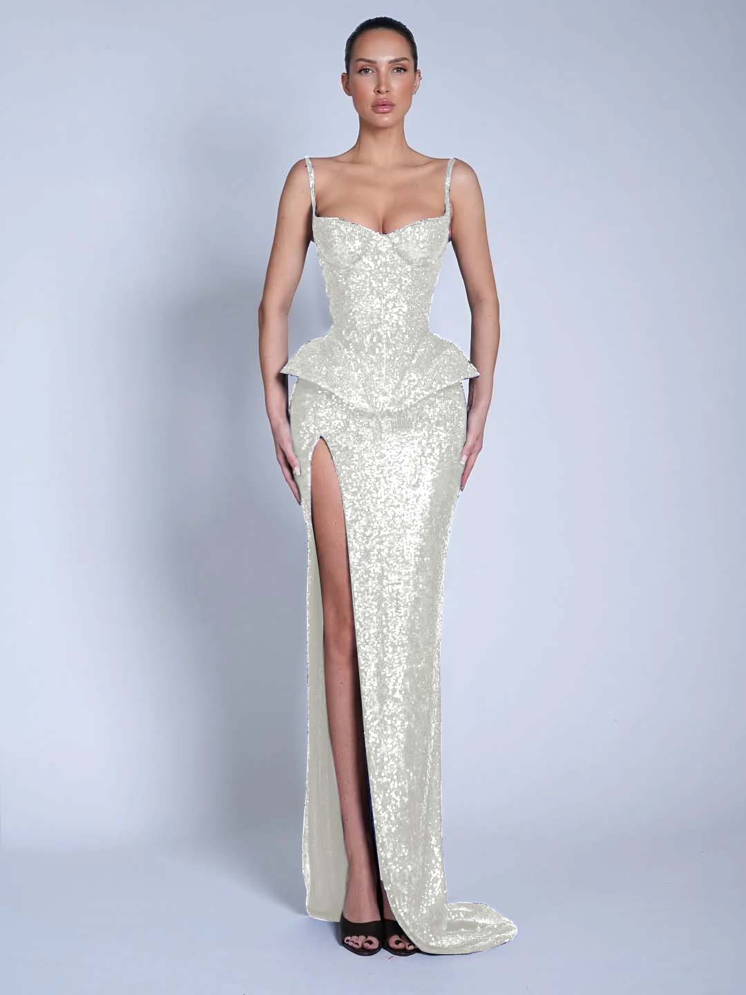 V-Neck Spaghetti Straps Sleeveless Long Mermaid Prom Dress With Split And Sequins YK0713