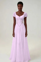 Cocoslly Short Sleeves High Waist Long Prom Dress With Rhinstone | Blushing Pink Chiffon LR0376