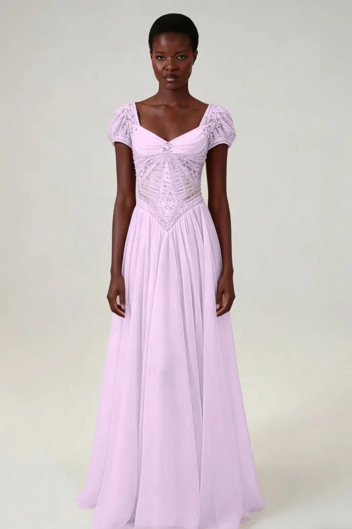 Cocoslly Short Sleeves High Waist Long Prom Dress With Rhinstone | Blushing Pink Chiffon LR0376