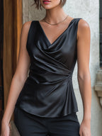 Gathered Waist Sleeveless Draped Wrap Satin Blouse