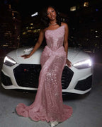 Tulle Asymmetric Strapless Sleeveless Long Pleated Mermaid Prom Dress With Sequins And Ruffles YK0320