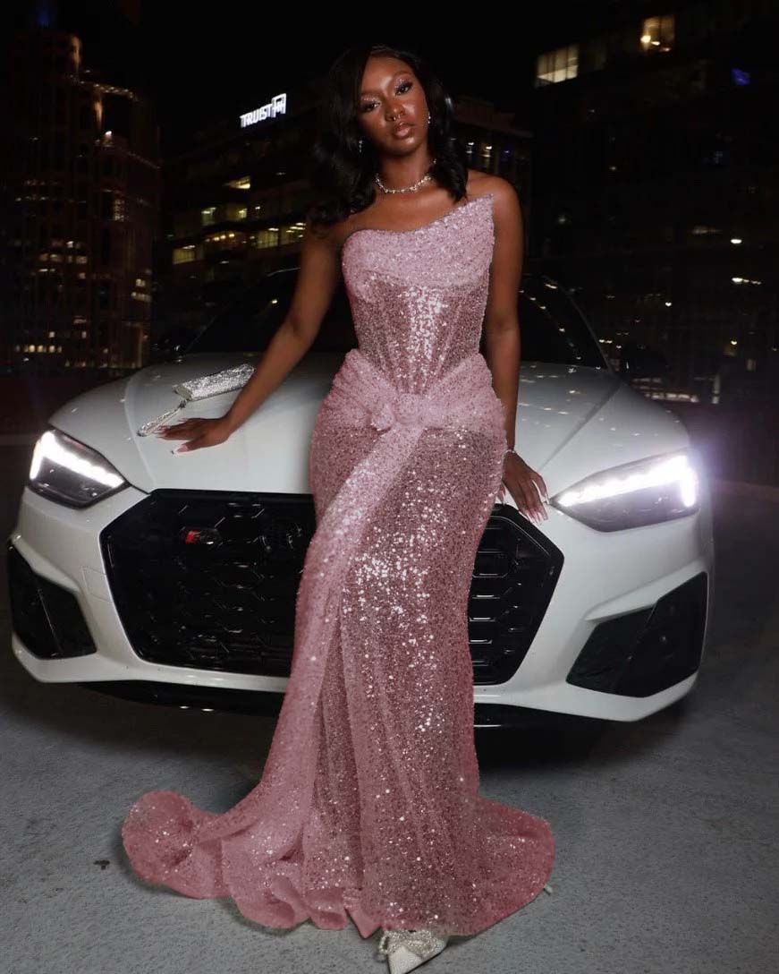 Tulle Asymmetric Strapless Sleeveless Long Pleated Mermaid Prom Dress With Sequins And Ruffles YK0320