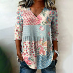 Women's Casual Retro Floral Patchwork Art Print Cotton Tops