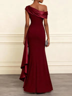 Wine Red Ruffled Classic One Shoulder Mermaid Maxi Dress