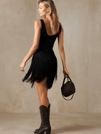 Western Retro Tassel Black Sleeveless V-Neck Faux Suede Mini Dress