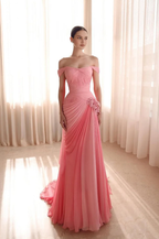 Cocoslly Off-The-Shoulder Sleeveless High Waist Long Prom Dress With Pleated | Coral Pink Chiffon CO0135