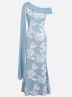 Light Blue Jacquard Classic One Shoulder Sleeveless Mermaid Floor-length Gown Dress