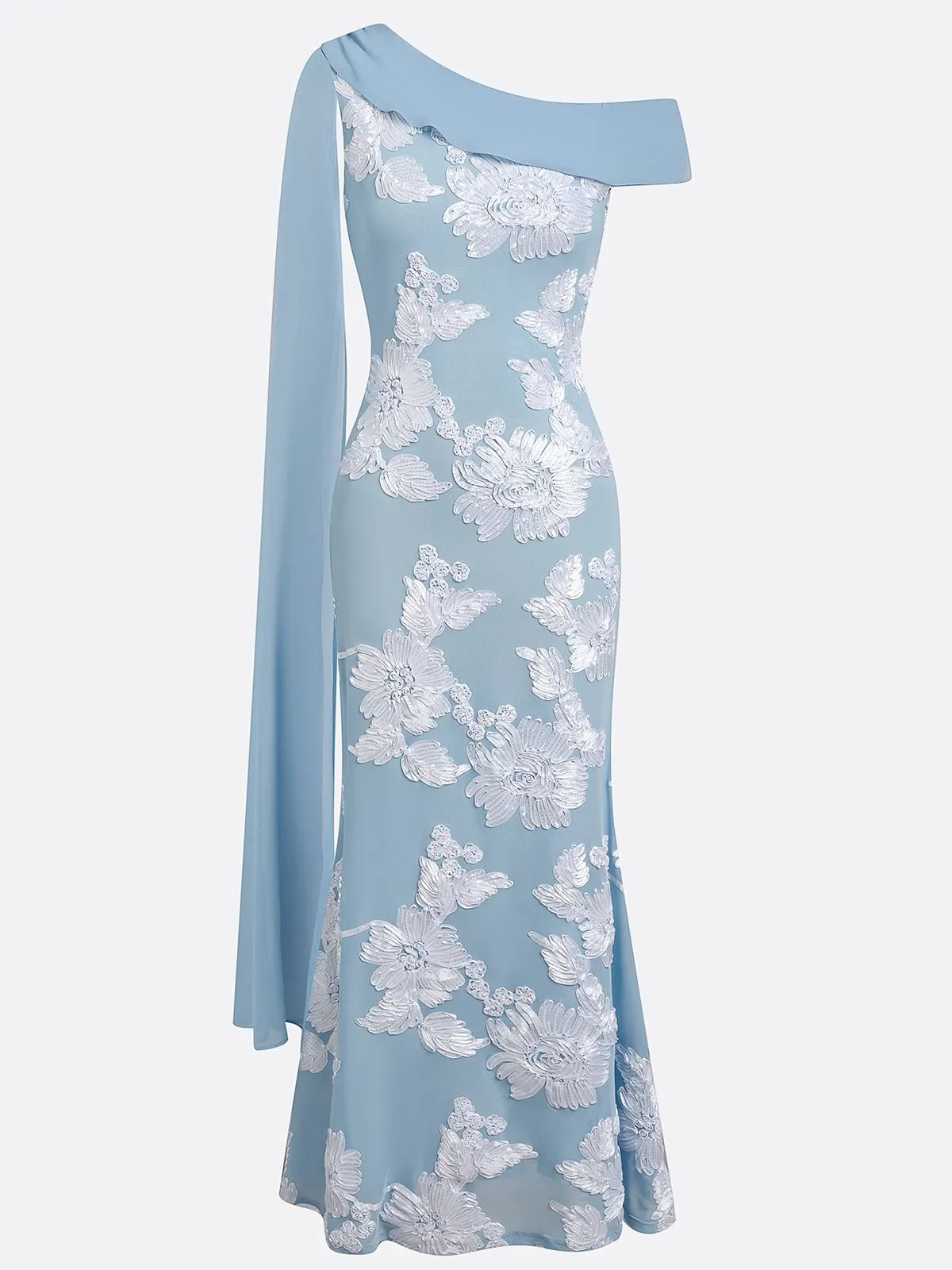 Light Blue Jacquard Classic One Shoulder Sleeveless Mermaid Floor-length Gown Dress