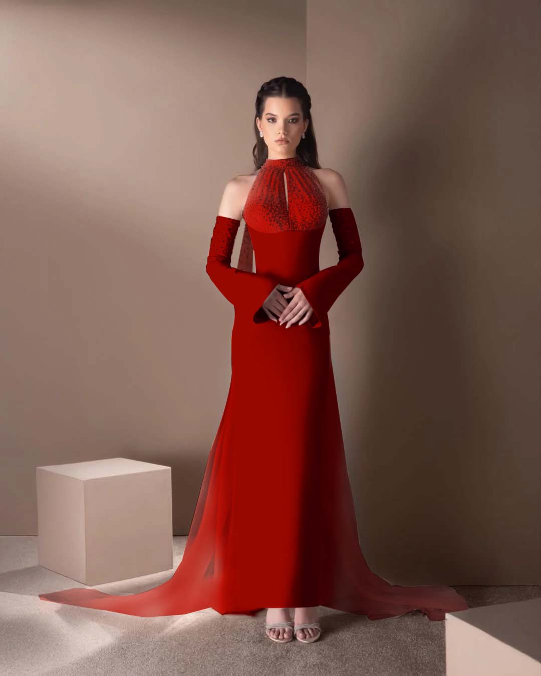 Spandex And Tulle High Neck Strapless Long Sleeves Long Mermaid Prom Dress With Ruffles And Beadings YK0748