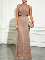 Light Brown Jacquard Ruched Classic Mock Neck Sleeveless Mermaid Gown Dress